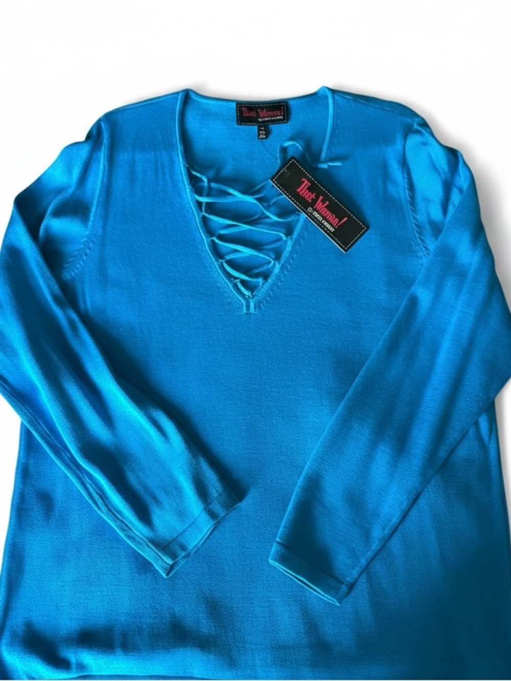 THAT WOMAN! SZ 1X Turquoise Blue Sexy Laces Knit Sweater NWT Marlo Thomas